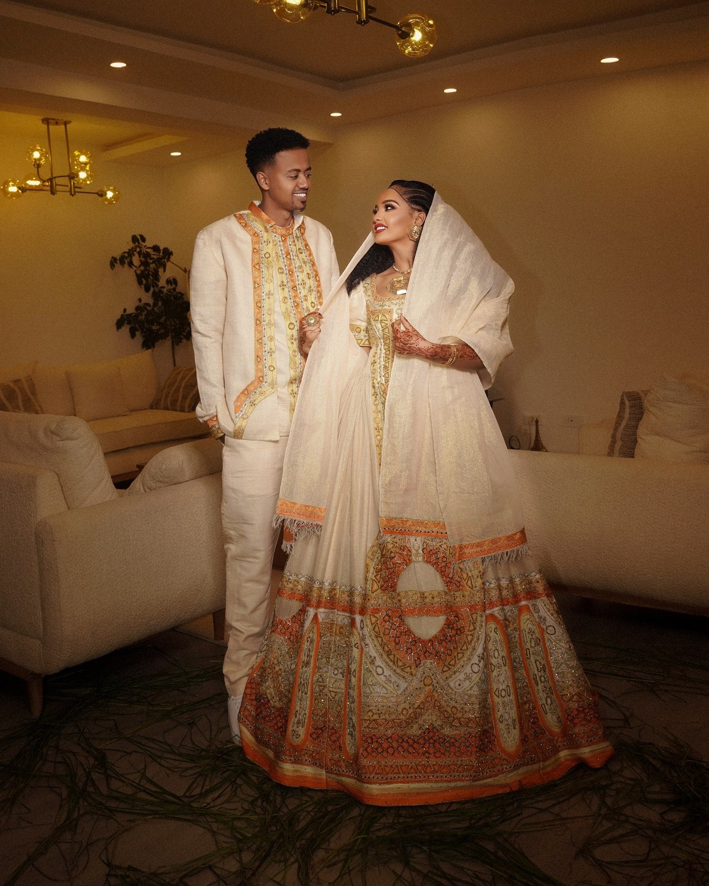 Habesha Couple Outfit White & Gold  Ethiopian Traditional Clothing Cultural Matching Set 735