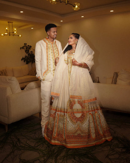 Habesha Couple Outfit White & Gold  Ethiopian Traditional Clothing Cultural Matching Set 735