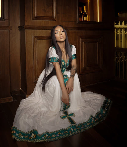 Short Sleeve Habesha Dress White Habesha Kemis With Green Woven Embroidery Elegant Ethiopian Traditional Clothing 740