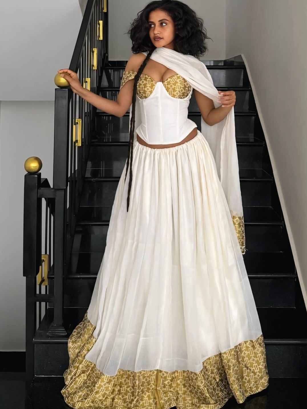 Ethiopian Clothing Gold Woven Habesha Kemis & Short Sleeve Habesha Dress For Festive 750