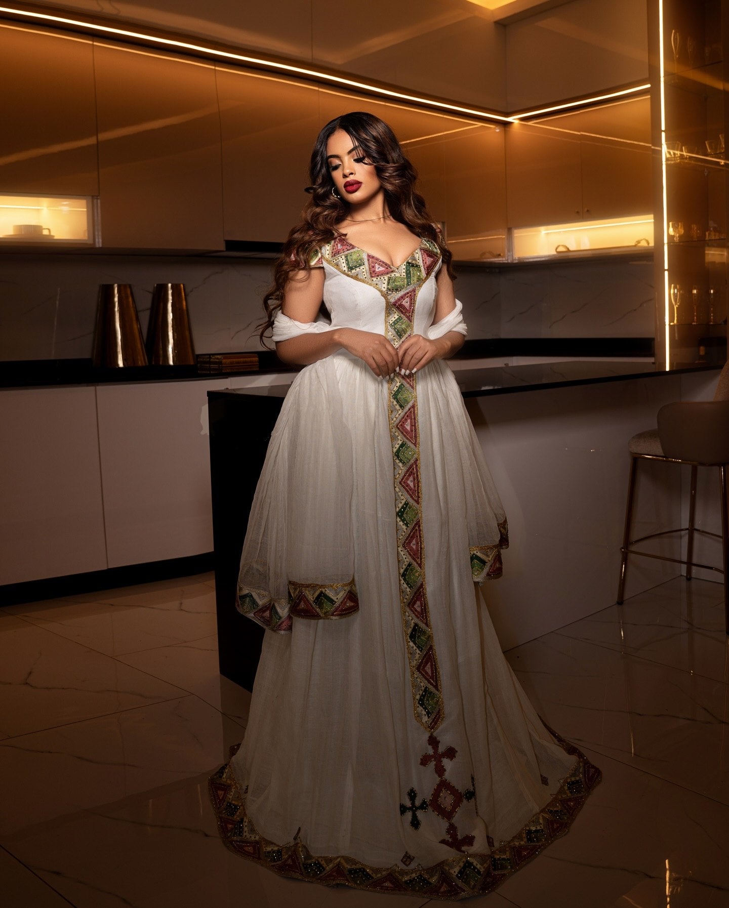 Ethiopian Clothing For Event V-neckline Habesha Kemis  Handwoven Design Habesha Dress 754