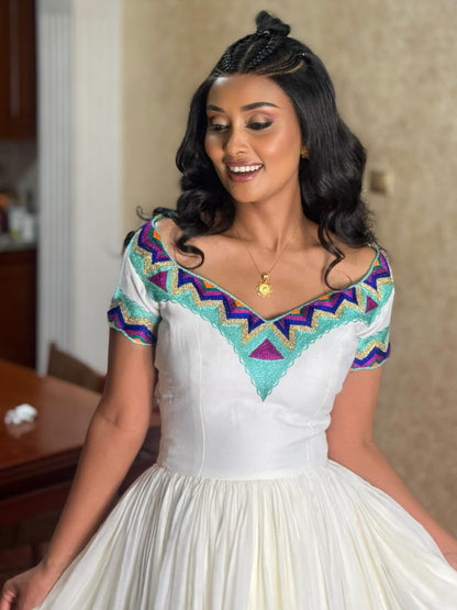 Festive Ethiopian Clothing Off Shoulder Short Sleeve Habesha Kemis Multicolor Design Habesha Dress 758