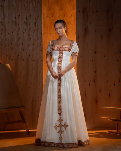 Traditional Ethiopian Dress Collection Graceful Habesha Dress with Brown Base and Pink Embroidery Habesha Kemis 759
