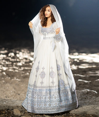 Long Sleeve Habesha Kemis Silver Embroidery Habesha Dress Luxurious Ethiopian Wedding Dress 767