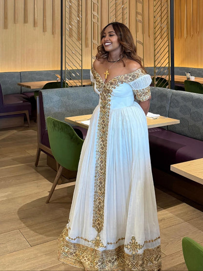 Golden Grace Ethiopian Clothing Off-Shoulder Habesha Kemis Short Sleeve Habesha Dress 885