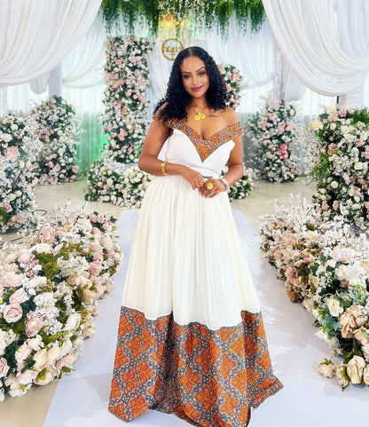 Off-Shoulder Habesha Dress Orange Embroidery Habesha Kemis Elegant Ethiopian Dress 888