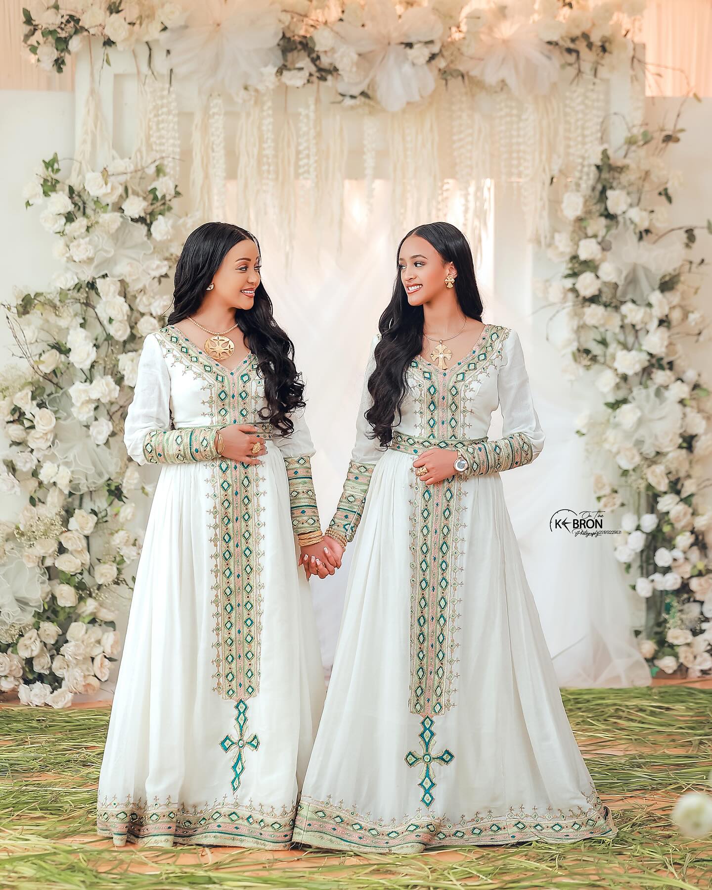 Unique Cross Tibeb Embroidery Ethiopian Clothing Green-gold Pattern Habesha Dress Graceful Habesha Kemis For Events 106