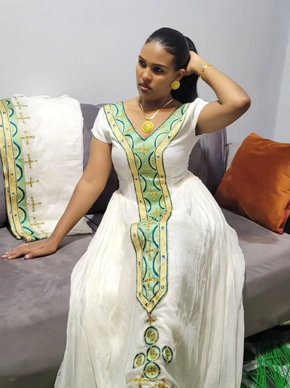 Green & Gold Habesha Dress Traditional Ethiopian & Eritrean Clothing Graceful Habesha Kemis 129