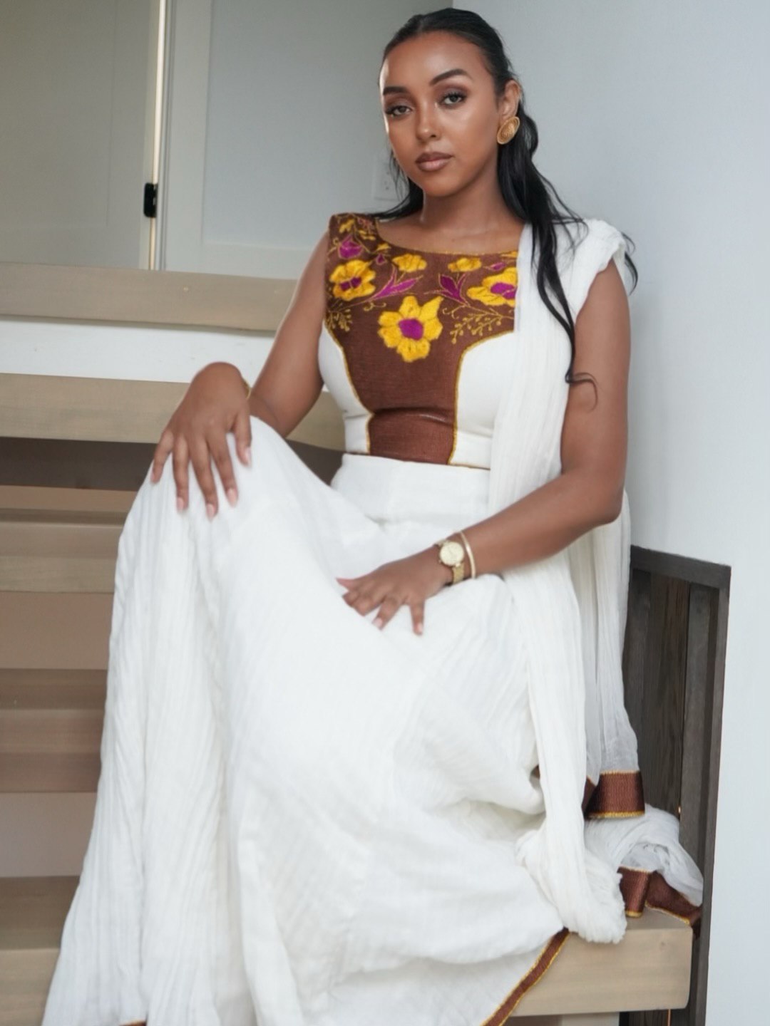 Modern Habesha Dress with Shawl Floral Ethiopian & Eritrean Clothing Yellow And Purple Pattern Habesha Kemis 135