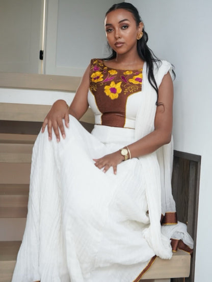 Modern Habesha Dress with Shawl Floral Ethiopian & Eritrean Clothing Yellow And Purple Pattern Habesha Kemis 135