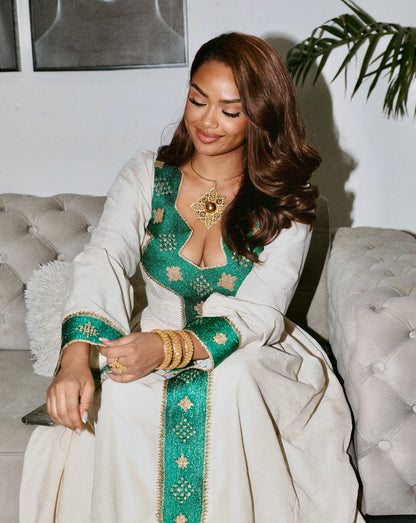 Green & Gold Ethiopian Traditional Dress Habesha Kemis Cultural Wear Cross Motif Habesha Dress 151
