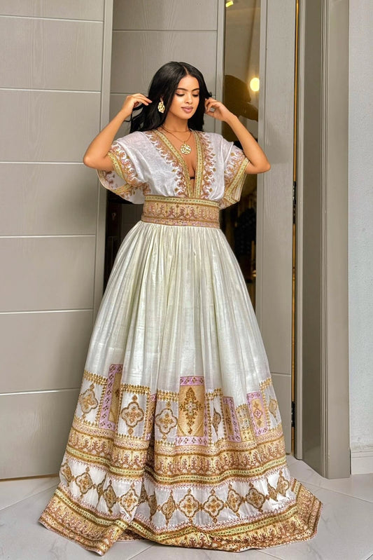 Luxury Traditional Ethiopian Wedding Dress Gold & Lilac Detail Habesha Kemis V-neckline Habesha Dress 153