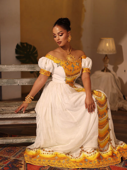 Off-Shoulder Ethiopian Dress Yellow Embroidery Habesha Kemis Cultural Habesha Dress For Special Occasions 154