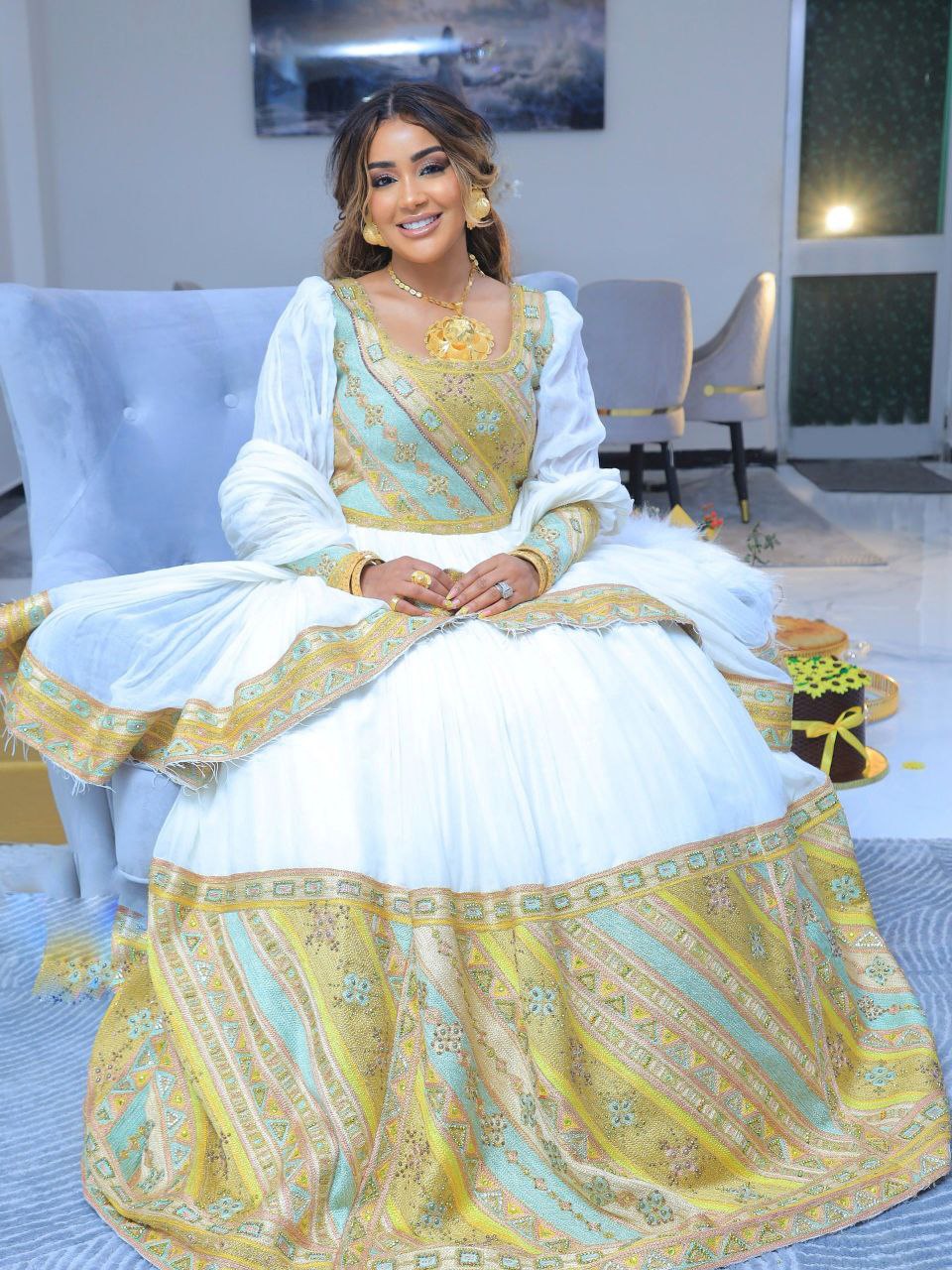 elegant white and gold embroidered Habesha Dress Ethiopian wedding dress Habesha Kemis For Wedding 175