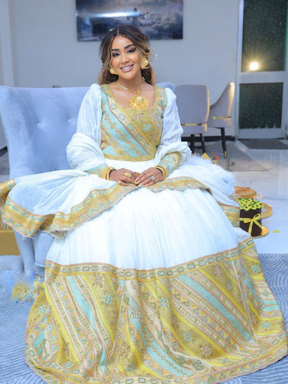 elegant white and gold embroidered Habesha Dress Ethiopian wedding dress Habesha Kemis For Wedding 175