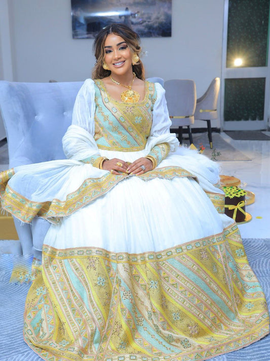 elegant white and gold embroidered Habesha Dress Ethiopian wedding dress Habesha Kemis For Wedding 175