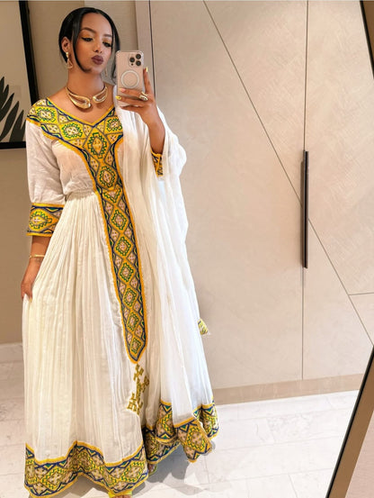 green and gold embroidery Habesha Dress Handwoven Habesha Kemis Festive Traditional Ethiopian Clothing 178
