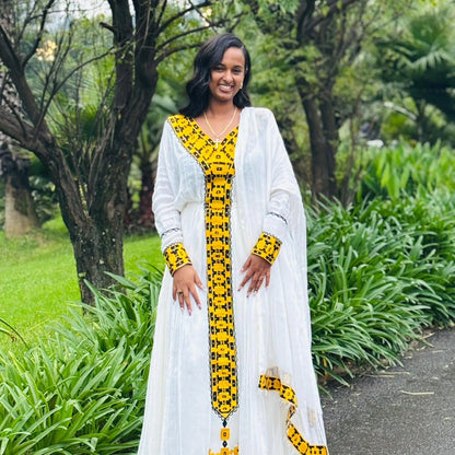 White And Yellow Traditional Ethiopian Dress Modern Embroidery Design Habesha Dress Handwoven Habesha Kemis 182