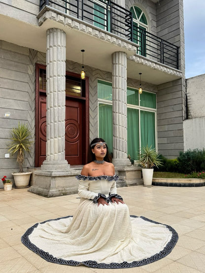Off-Shoulder Habesha Dress Traditional Ethiopian Clothing For Festive Black Embroidery Habesha Kemis 189