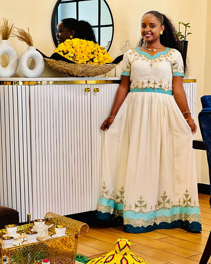 Beautiful Habesha Kemis Online Classic Traditional Ethiopian Clothing Turquoise Detailing Habesha Dress 221