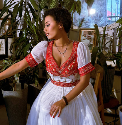 Radiant Habesha Dress Red Pattern Habesha Kemis Traditional Ethiopian Wedding Dress 225