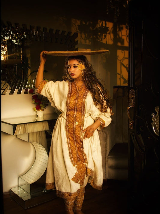 Golden Habesha Kemis Traditional Ethiopian Dress Elegant Habesha Dress