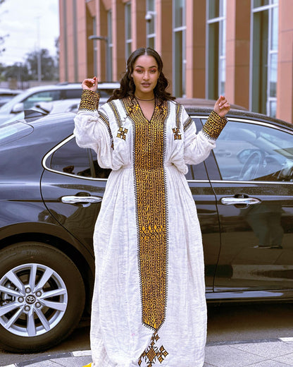 Premium Habesha Kemis Online Unique Ethiopian Dress & Traditional Wear Bold Geometric Embroidery Habesha Dress 248