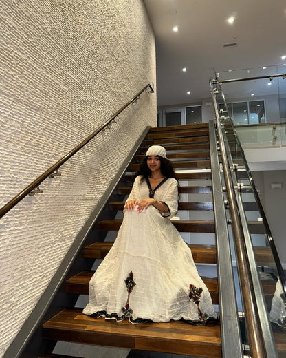 Authentic Eritrean & Ethiopian Clothing Handcrafted Habesha Dress Elegant Intricate Black Embroidery Habesha Kemis 274