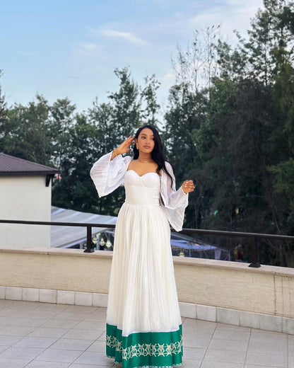 Green Hem Embroidered Habesha Dress Authentic Ethiopian & Eritrean Dress Vibrant Habesha Kemis 276