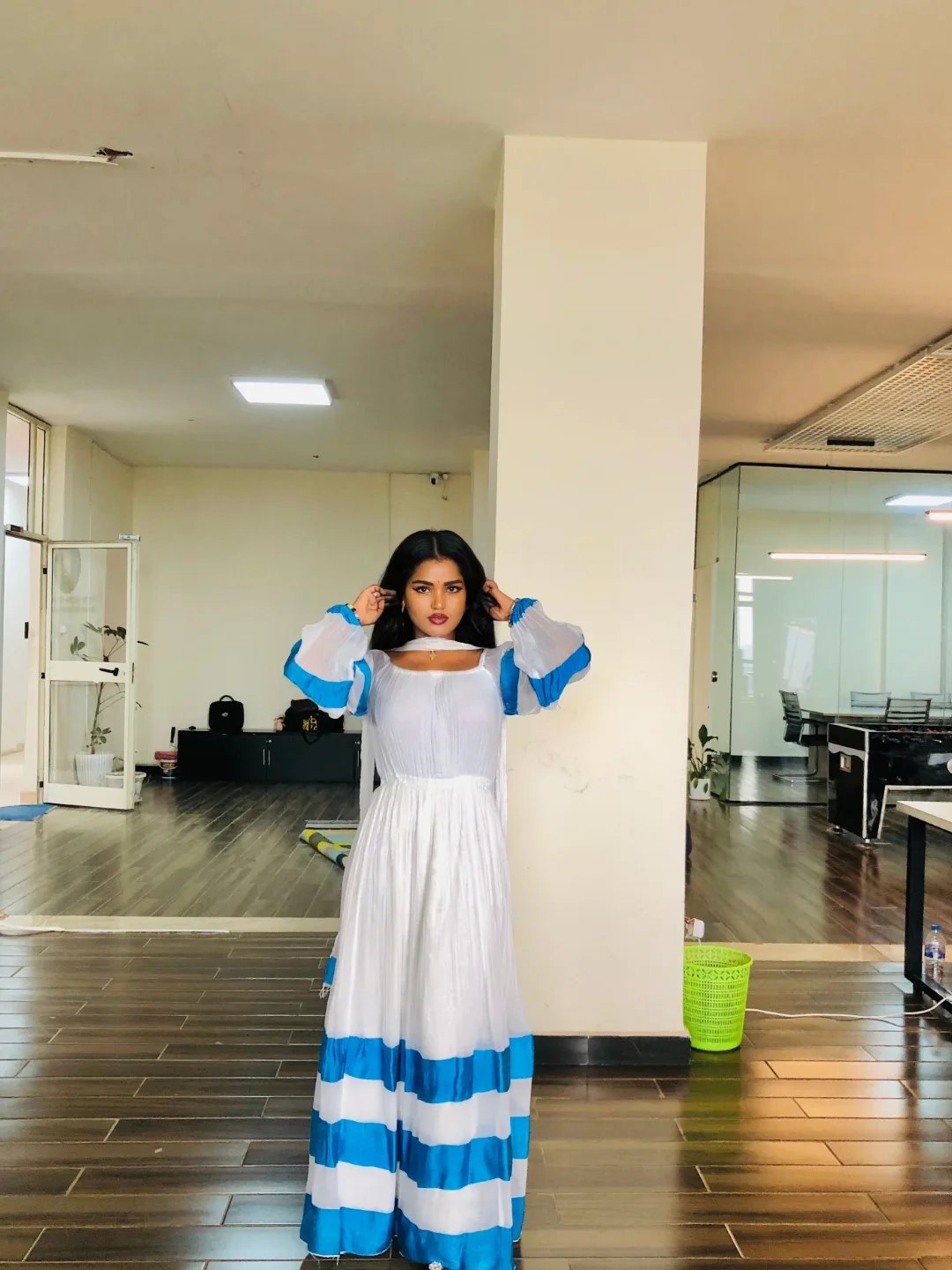 Flowy Habesha Kemis Habesha Dress with Blue Stripes Ethiopian Clothing 304