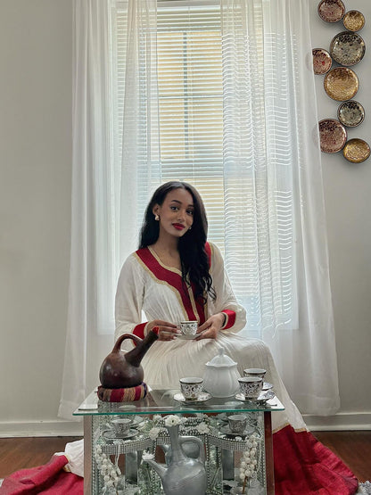 Red Woven Habesha Kemis Long Sleeve Habesha Dress Charming Ethiopian Traditional Dress 308