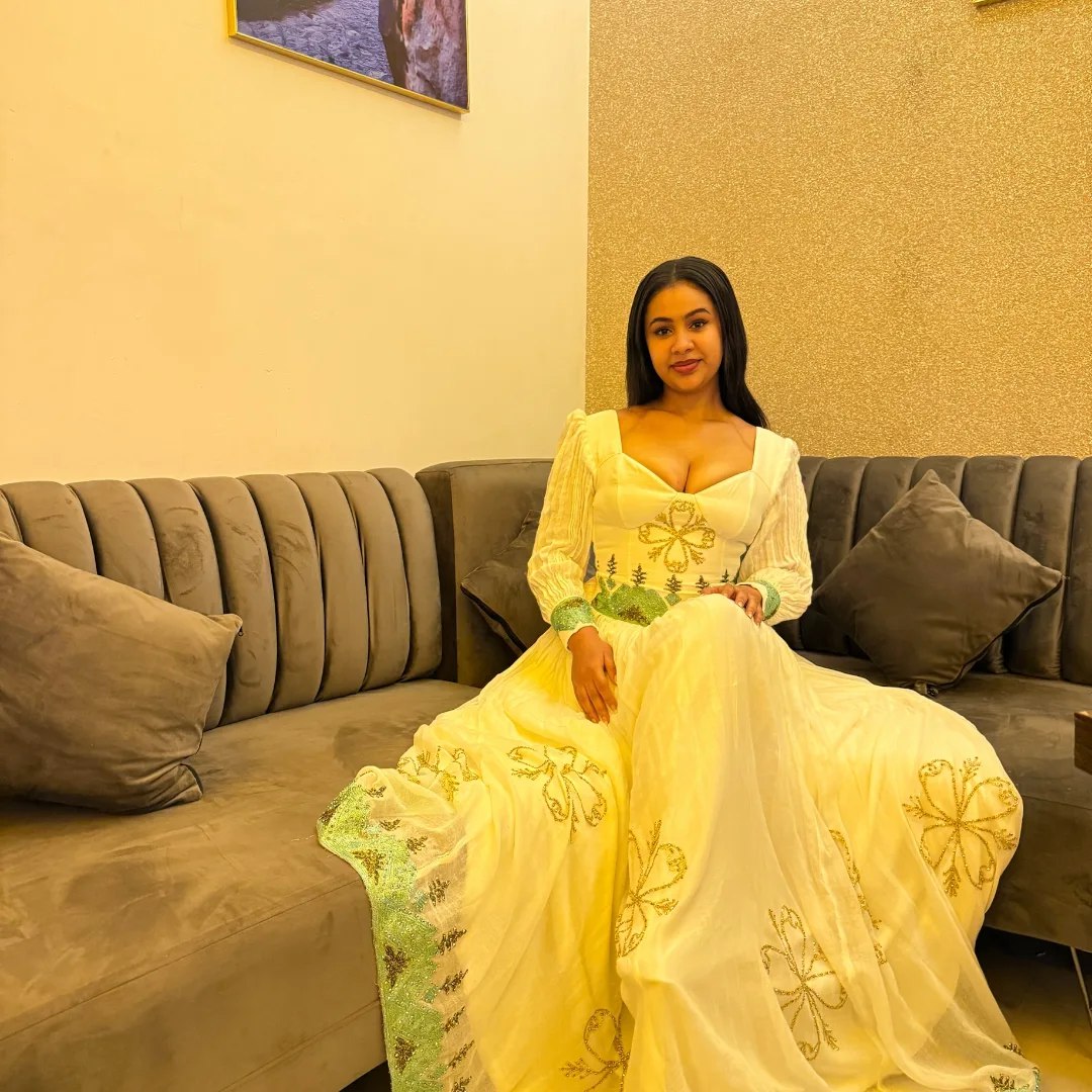 Green Woven Habesha Dress Long Sleeve Habesha Kemis Traditional Ethiopian Clothing 349