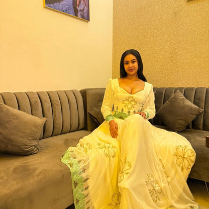 Green Woven Habesha Dress Long Sleeve Habesha Kemis Traditional Ethiopian Clothing 349