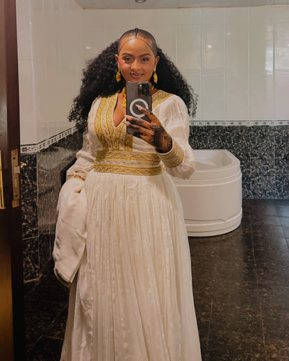 Golden Woven Habesha Kemis Long Sleeve Habesha Dress Ethiopian And Eritrean Dress 403
