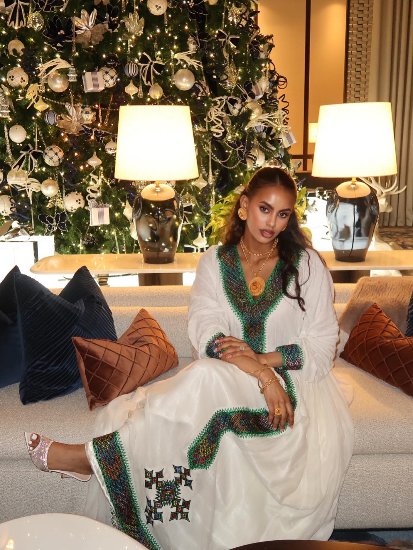 Ethiopian Traditional Dress Long Sleeve Habesha Dress Green Woven Design Habesha Kemis 434