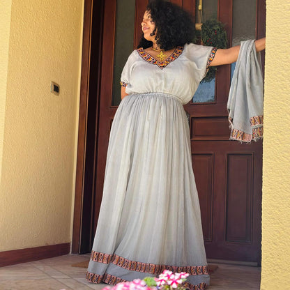 Modern Ethiopian Clothing Elegance Ash Tone Habesha Kemis Short Sleeve Habesha Dress 446