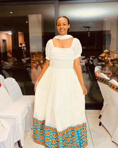 Elegant White Habesha Kemis Traditional Habesha Dress with Colorful Hem Detail Ethiopian Dress 449