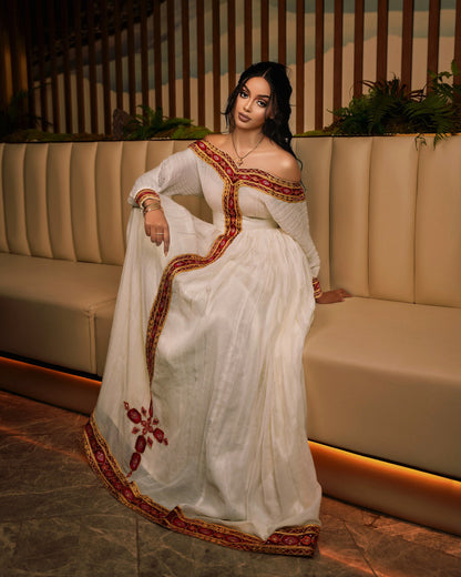 Off-shoulder Design Habesha Dress Red And Golden Embroidery Habesha Kemis Stylish Ethiopian Dress 454