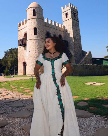 Short Sleeve Habesha Kemis Green Embroidery Habesha Dress Ethiopian Traditional Dress 462