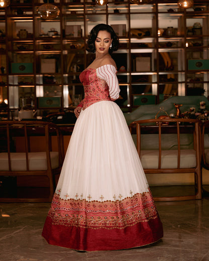 Off-Shoulder Habesha Dress Red Embroidery Ethiopian Wedding Dress Graceful Habesha Kemis 466
