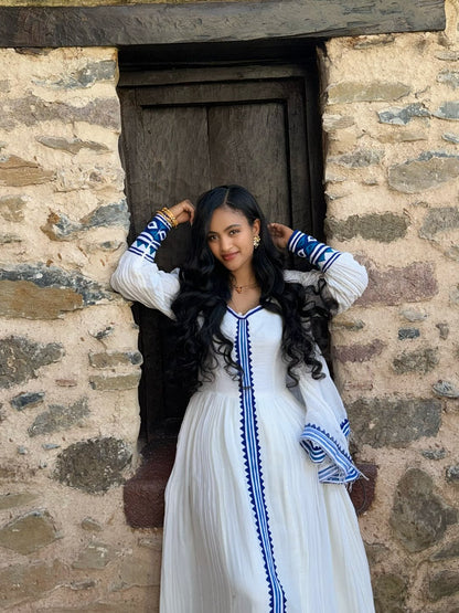 Long Sleeve Habesha Dress Habesha Kemis with Blue Woven Detail Ethiopian Dress Style 470