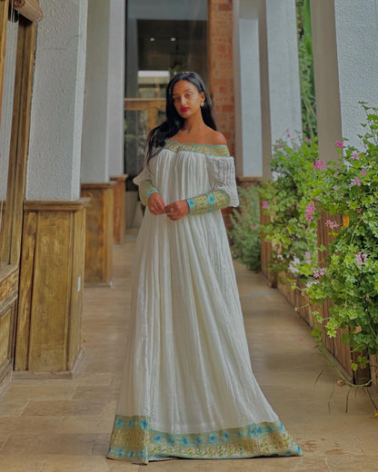 Habesha Kemis With Long Sleeve Green And Blue Border Habesha Dress Stylish Ethiopian Dress 472