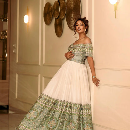 Habesha Kemis With Green Embroidery Traditional Ethiopian Wedding Dress Luxurious Habesha Dress 485