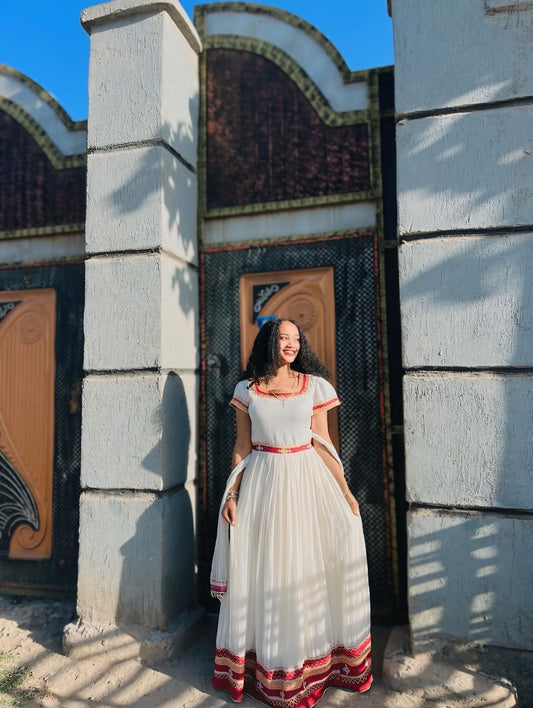 White Habesha Kemis with Red Embroidery Traditional Ethiopian Dress