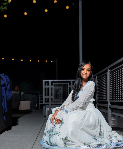 Traditional Ethiopian Dress For Event Habesha Kemis with Blue Embroidery V-neckline Habesha Dress  491