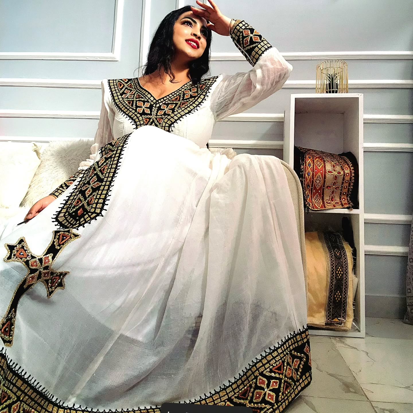 Golden and Black Embroidery Habesha Dress Long Sleeves Habesha Kemis Ethiopian Clothing For Festive 504