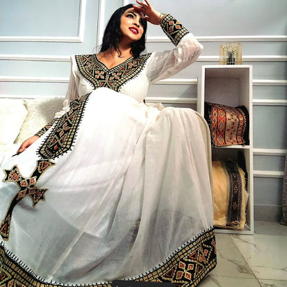 Golden and Black Embroidery Habesha Dress Long Sleeves Habesha Kemis Ethiopian Clothing For Festive 504