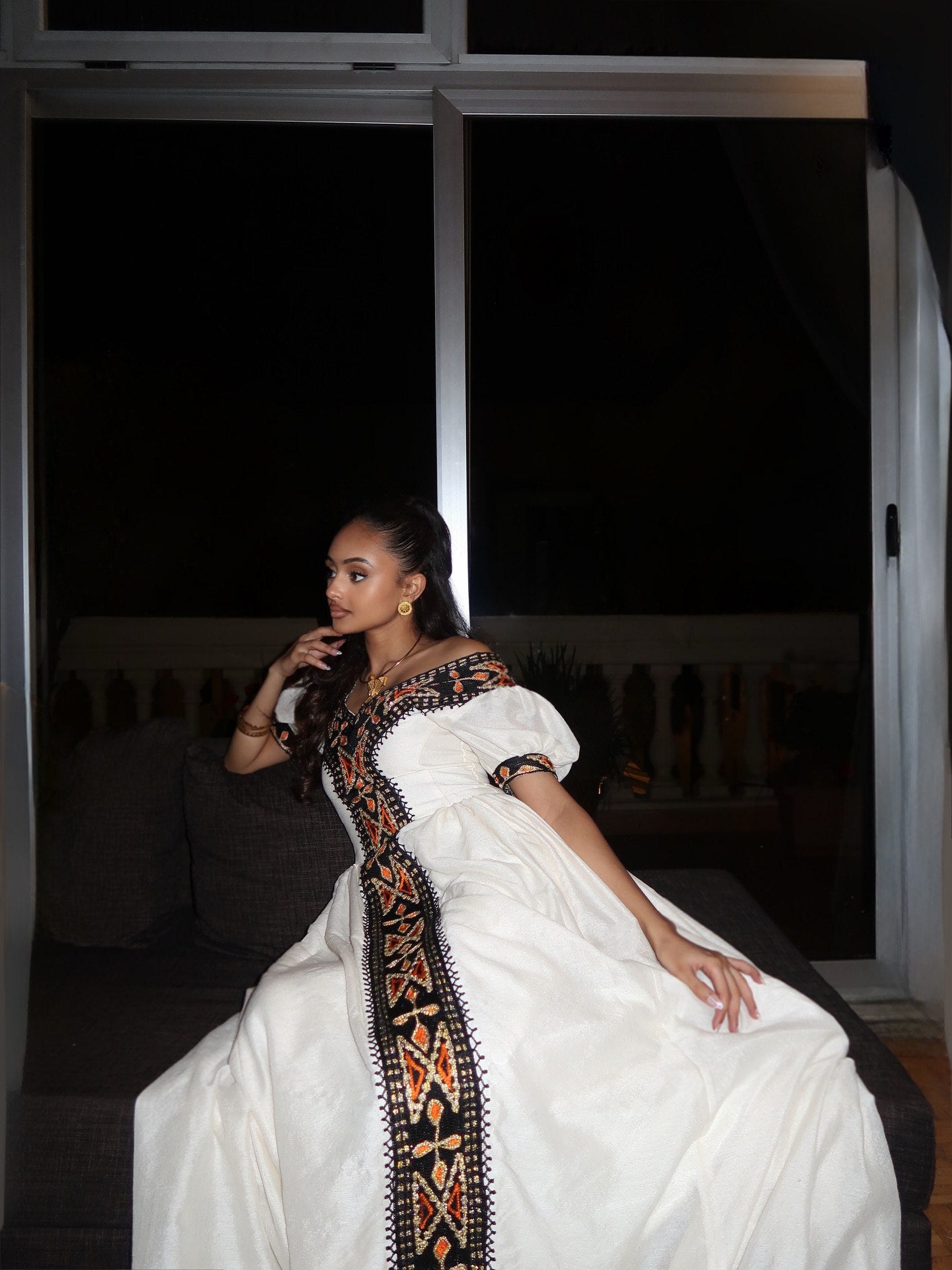 Off-Shoulder Habesha Kemis Black and Golden Embroidery Habesha Dress Traditional Ethiopian Clothing For event 526