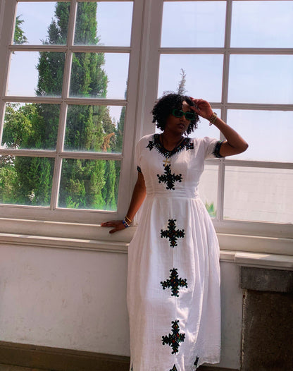 Habesha Dress with Cross Embroidery Traditional Style Habesha Kemis Short Sleeve Ethiopian Clothing 541