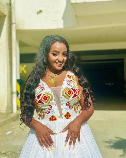 Sleeveless Habesha Kemis Red and Gold Cross Embroidery Habesha Dress Timeless Ethiopian Wedding Dress 551